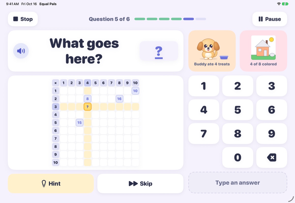 An Equal Pals times-table question on iPad: a grid with answered cells, a number pad, and the pet and colouring picture growing beside it.